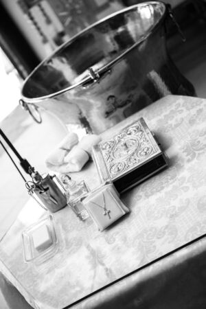 Accessories of a priest with Oil bottle for Christian baptismの写真素材