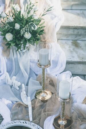 The floral wedding decoration in the entrance of churchの写真素材