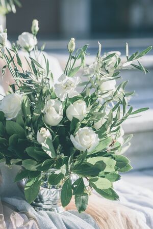 floral wedding decoration in the entrance of churchの写真素材