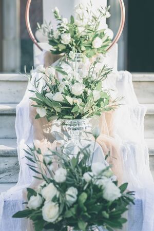 The floral wedding decoration in the entrance of churchの写真素材