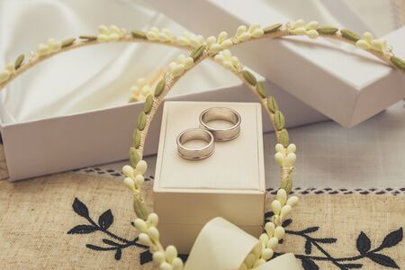 wedding rings with traditional wedding crownsの写真素材
