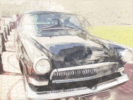 Watercolor postcard of Retro car, watercolor hand drawn , retro-mobileの写真素材