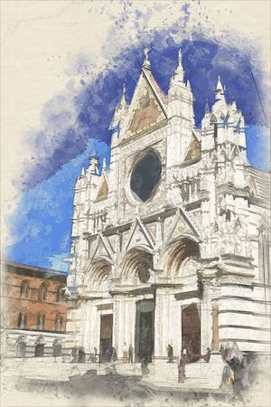 Watercolor of picture of the famous Siena Cathedral in Siena, Italyの写真素材