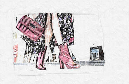 woman legs stepping in front of shopの写真素材
