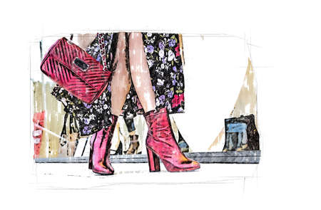 woman legs stepping in front of shopの写真素材