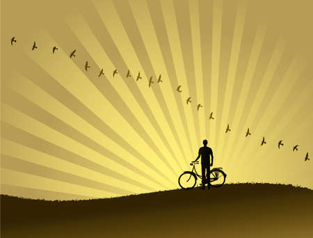 A flock of birds flying through the horizon while a biker is watching  beautiful sunsetのイラスト素材