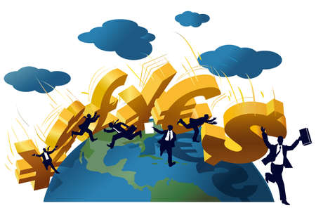 Symbols Yuan, Yen, Dollar, Pound, Euro falling like a domino on a globe.のイラスト素材