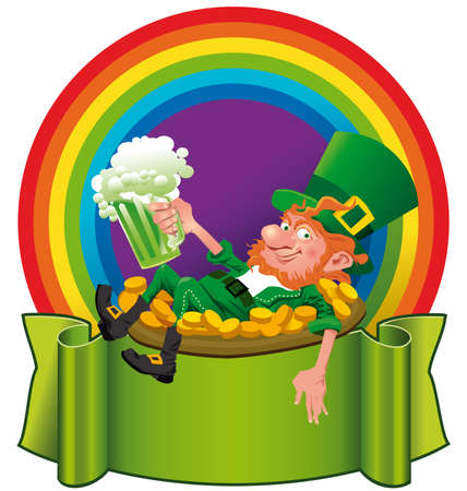 A cheerful leprechaun, holding a green beer in front of a rainbow.のイラスト素材