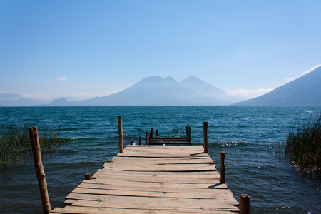 Lake Atitlan wooden pathway in San Marcos La Laguna Guatemalaの写真素材