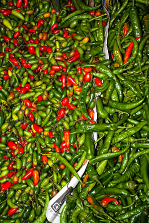 Peppers of differend kinds short long green red orange in a bag on the market, Antigua Guatemalaの写真素材