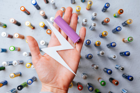 Chisinau, Moldova, 11 February 2026. Energy Symbol In Hand. Technician Inspecting Battery With Energy Symbol Among Scattered Cellsのeditorial素材