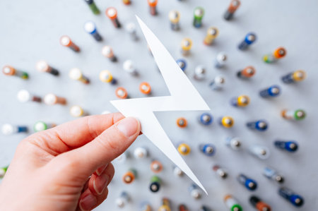 Palm Clutching Lightning On Batteries. Closeup Of Hand Holding Lightning Symbol Over Batteriesの写真素材