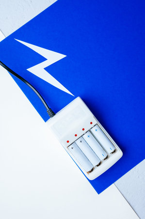 Compact Battery Charger Displayed On Blue Background With Travel And Outdoor Equipment