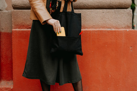 Woman With Phone. Urban Lifestyle Scene Featuring Woman With Mobile Device And Accessoriesの写真素材