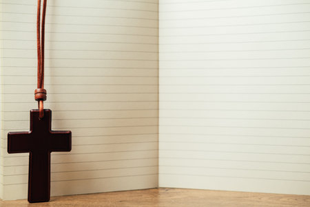 Wooden Cross Over Open Journal. Relaxing Scene With Faith Symbols And Natural Illuminationの写真素材