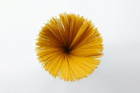 Elegant Arrangement Of Golden Pasta Strands Captured Under Gentle Lighting For Packaging Designの写真素材