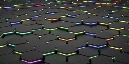 Colorful 3d Shining Futuristic Ground Texture with glowing Hexagon Pattern Illustrationの写真素材