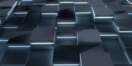 Futuristic 3d render illustration technology background. Abstract structure with glowing cubes.の写真素材