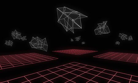 3d abstract abstract dark futuristic white wire frames with red net illustration renderの写真素材