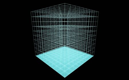 3d abstract abstract futuristic turqouise cube wire frame in dark space illustration renderの写真素材