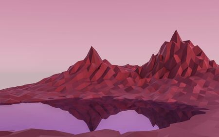 red low poly mountain landscape with lake 3d render illustrationの写真素材