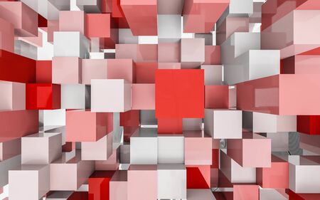 Abstract dynamic background made of flying red boxes with motion blur in white spaceの写真素材