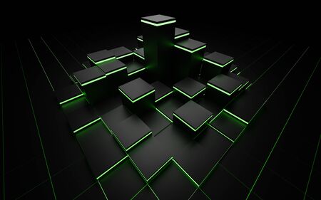 Futuristic 3d render illustration technology background. Abstract structure with green glowing cubes.の写真素材