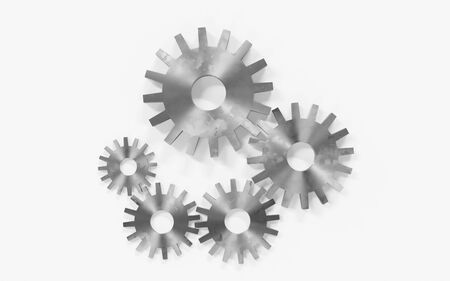 Five metal gears on plain background 3d render illustrationの写真素材