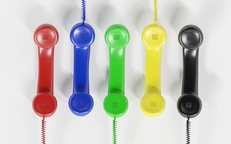 Red and multi-coloured telephone receiver concept for on the phone, customer service, on hold or contact us 3d render illustrationの写真素材