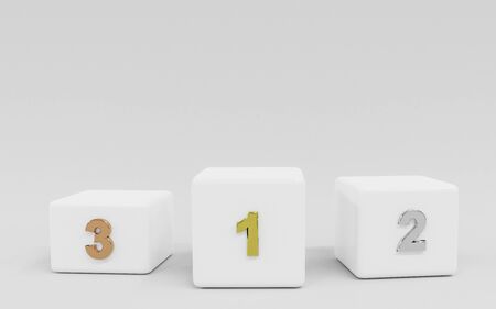white abstract metal winner podium competition pedestal with numbers in gold, silver, bronze colour for different medals 3d illustration renderの写真素材