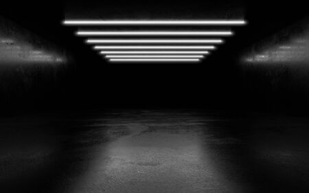 futuristic warehouse room dark mirror glossy 3d rendering illustration with concrete grunge floor dark abstract interior with lights shining downwardsの写真素材