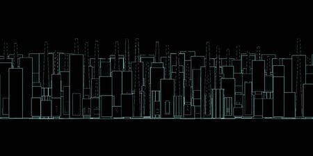 Abstraction, futuristic city concept of neon cyan wire frame. Dark, abstract scene, neon rays. 3d illustration renderの写真素材