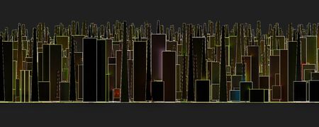 Abstraction, futuristic city panorama of neon coloured red, blue, green and orange wire frame. Dark, abstract scene, neon rays. 3d illustration renderの写真素材