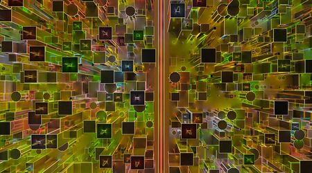 Abstraction, futuristic city concept of neon coloured red, blue, green and orange wire frame. Dark, abstract scene, neon rays. 3d illustration renderの写真素材
