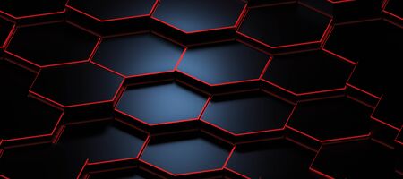 Electric futuristic surface hexagon pattern with coloured red rays 3D Rendering Illustrationの写真素材
