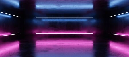 Underground concrete basement with modern abstract blue and magenta neon lighting industrial grunge concrete background 3d render illustrationの写真素材
