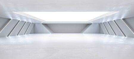 abstract white background architexture warehouse hall with blue futuristic lighting 3d render illustrationの写真素材