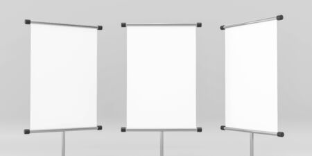 Roll up banners with paper canvas texture, isolated on grey background 3d illustration renderの写真素材