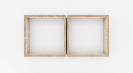 Empty brown wood plank board shelf on white wall background 3d illustration renderの写真素材