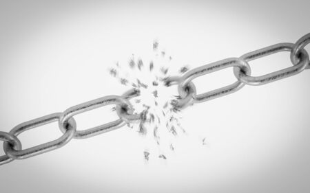 breaking metal chain on white background 3d illustration renderの写真素材
