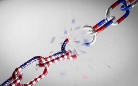 Russia and United States of America as a breaking metal chain. conflict, political confrontation 3d illustration renderの写真素材