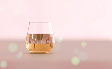 a glass of brandy or whiskey on wooden background with bokeh and defocused background and colourful lights 3d render illustrationの写真素材
