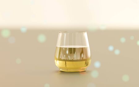 a glass of brandy or whiskey on wooden background with bokeh and defocused background and colourful lights 3d render illustrationの写真素材