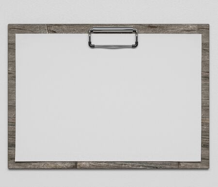 wooden clipboard with blank paper sheet isolated on white backgroundの写真素材