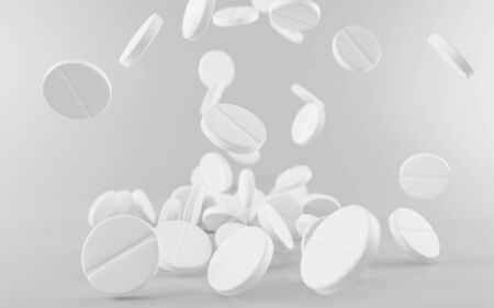 Many falling white pharma medication pills isolated on grey background 3d illustration renderの写真素材