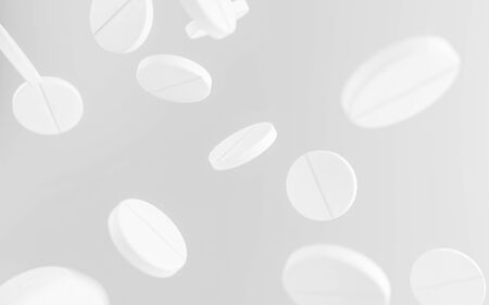 Many falling white pharma medication pills isolated on grey background 3d illustration renderの写真素材