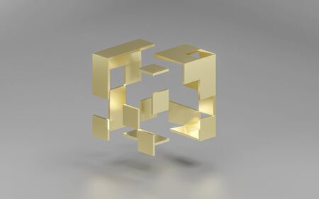 abstact golden modern architecture background with a dissolving golden cube on grey backgroundの写真素材