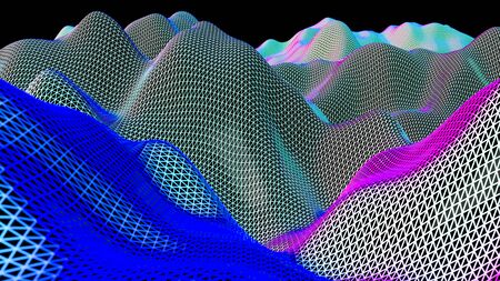 Data technology abstract futuristic cyan and magenta low poly shape glowing wire mesh surface on...