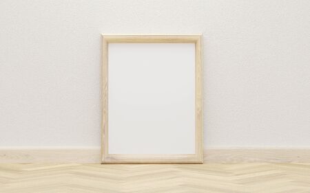 wooden picture frame to add your content on a white wall background 3d illustration render with...