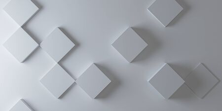 abstract white modern architecture background with white cubes Rhombic big squares. Unusual, beautiful and modern background. Background consists of large white squares and a white planeの写真素材